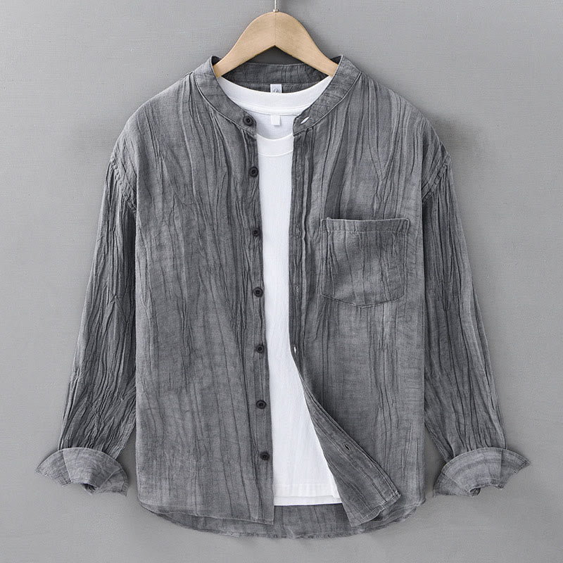 Buddha Stones無地 長袖 シワ デザイン ボタンダウン ラミー リネン メンズ シャツ - グレー - US/UK/AU42、 EU52 (3XL) - image 0