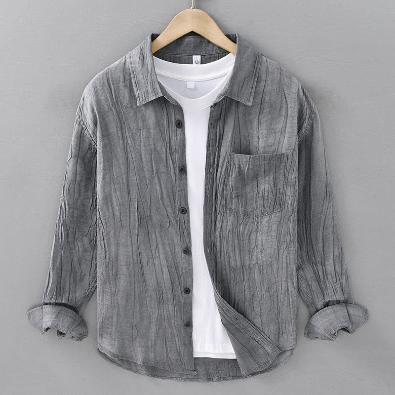 Buddha Stones無地 長袖 スタンドカラー シワ加工 ボタンダウン ラミーリネン メンズシャツ - グレー - US/UK/AU42、 EU52 (3XL) - image 4