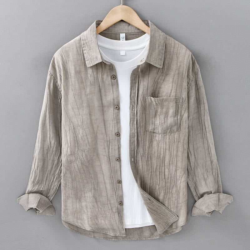 Buddha Stones無地 長袖 スタンドカラー シワ加工 ボタンダウン ラミーリネン メンズシャツ - リネン - US/UK/AU42、 EU52 (3XL) - image 12