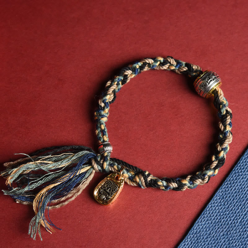 チベットのBuddha Stones、オーム・マニ・パドメ・フム彫刻、ザキラム・フォーカスロープブレスレット - 青いロープ（手首周り：16～20cm） - image 0