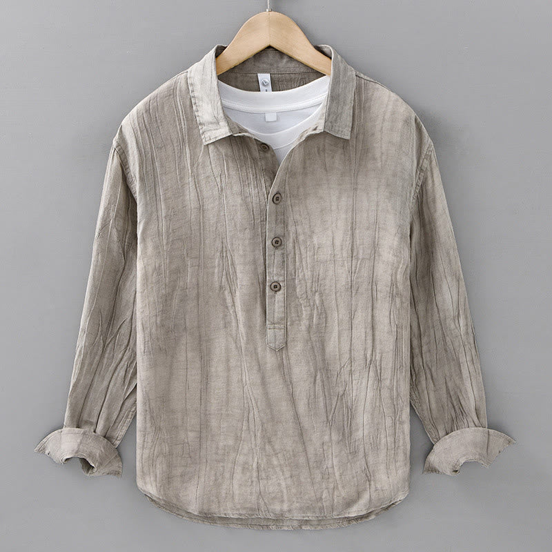 Buddha Stones無地 長袖 スタンドカラー シワ加工 ハーフボタン ラミー リネン メンズ シャツ - リネン - US/UK/AU42、 EU52 (3XL) - image 0