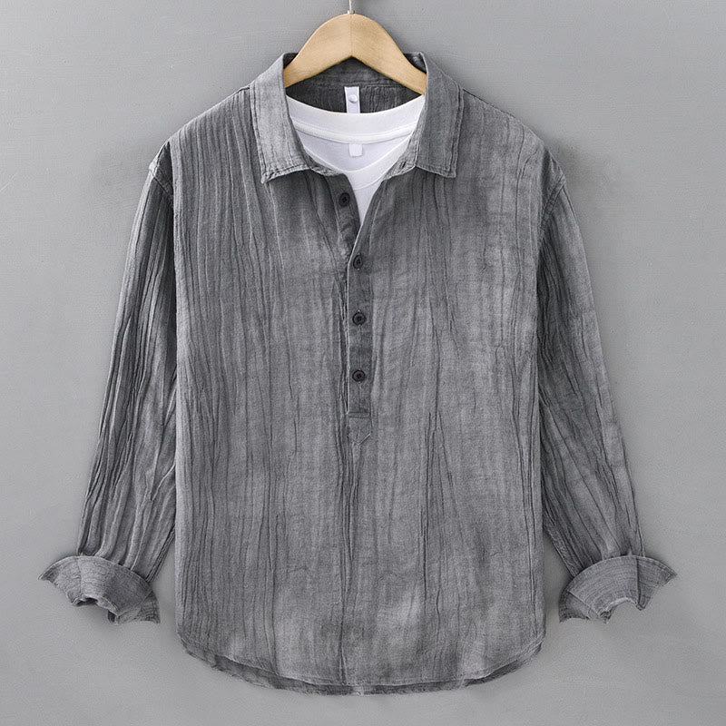 Buddha Stones無地 長袖 スタンドカラー シワ加工 ハーフボタン ラミー リネン メンズ シャツ - グレー - US/UK/AU42、 EU52 (3XL) - image 4