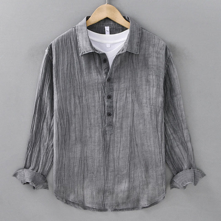 Buddha Stones無地 長袖 スタンドカラー シワ加工 ハーフボタン ラミー リネン メンズ シャツ - グレー - US/UK/AU42、 EU52 (3XL) - image 4