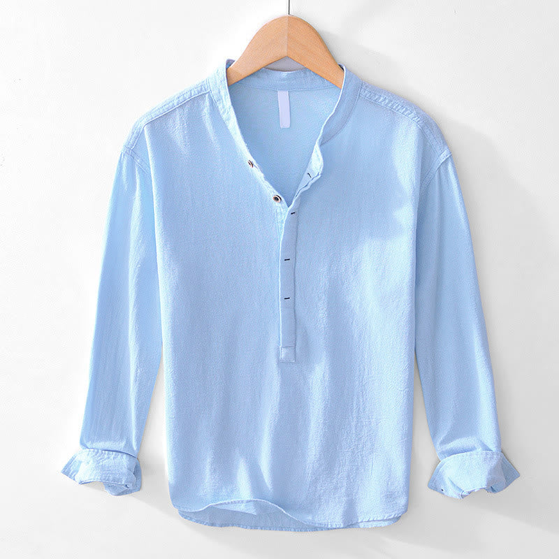 Buddha Stones春秋 無地 長袖 ハーフボタン コットン メンズシャツ - ライトスカイブルー - US/UK/AU44、 EU54 (4XL) - image 2
