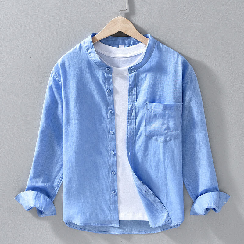 Buddha Stonesシンプル 秋 長袖 ボタンデザイン リネン メンズシャツ - ライトスカイブルー - US/UK/AU42、 EU52 (3XL) - image 12
