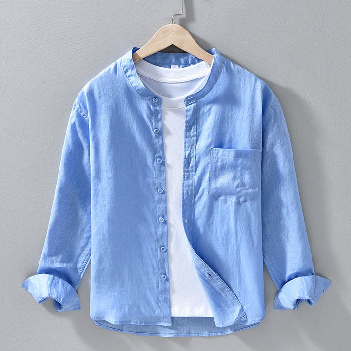 Buddha Stonesシンプル 秋 長袖 ボタンデザイン リネン メンズシャツ - ライトスカイブルー - US/UK/AU42、 EU52 (3XL) - image 12