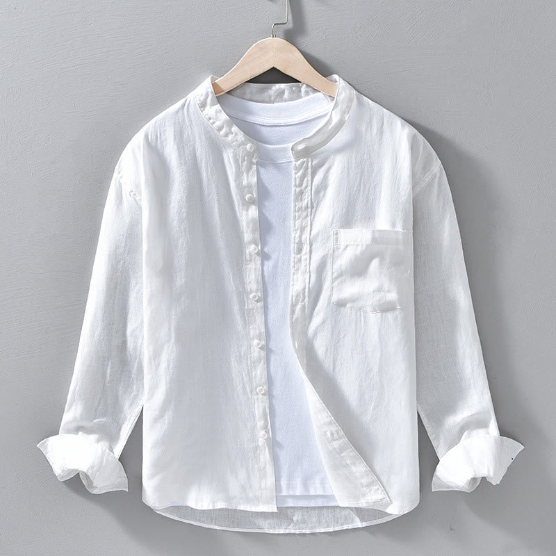Buddha Stonesシンプル 秋 長袖 ボタンデザイン リネン メンズシャツ - 白 - US/UK/AU42、 EU52 (3XL) - image 9