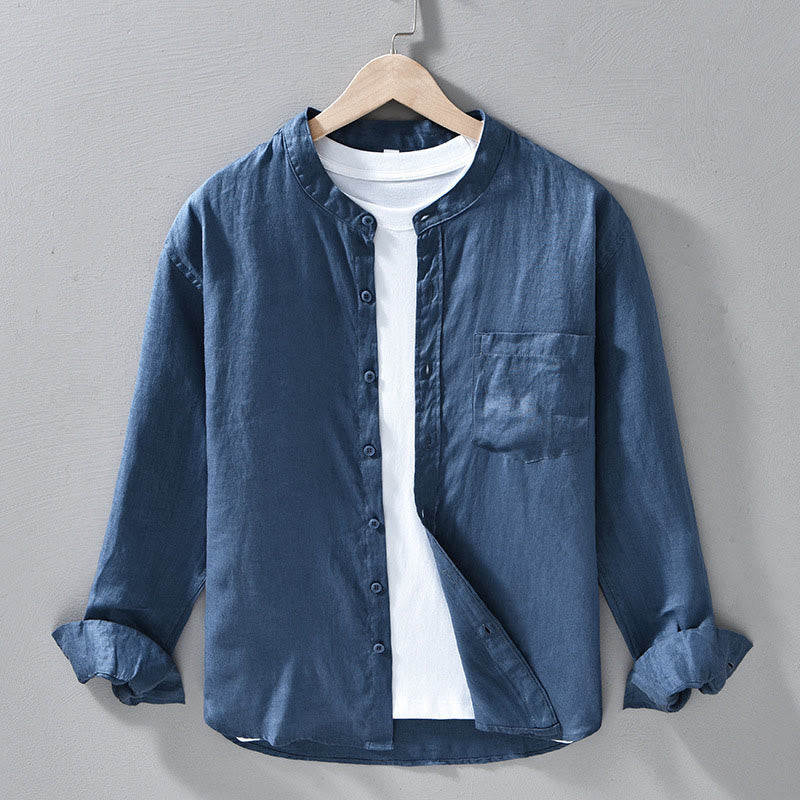 Buddha Stonesシンプル 秋 長袖 ボタンデザイン リネン メンズシャツ - スティールブルー - US/UK/AU42、 EU52 (3XL) - image 15