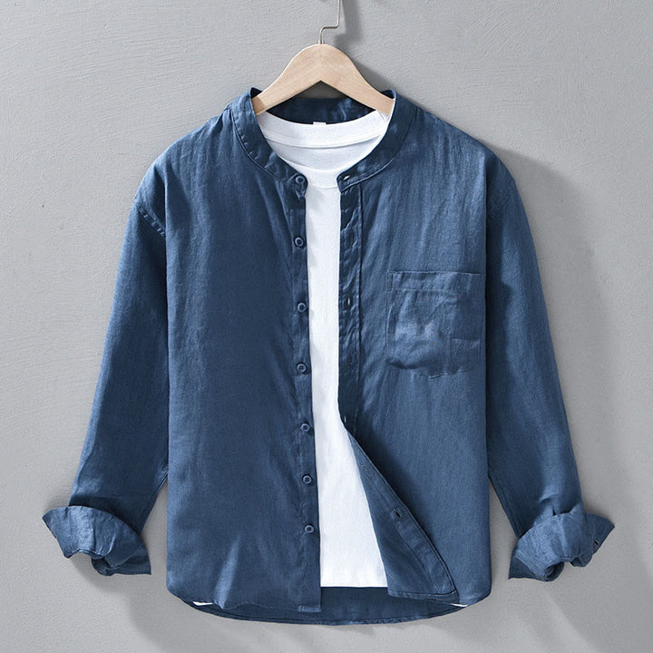 Buddha Stonesシンプル 秋 長袖 ボタンデザイン リネン メンズシャツ - スティールブルー - US/UK/AU42、 EU52 (3XL) - image 15