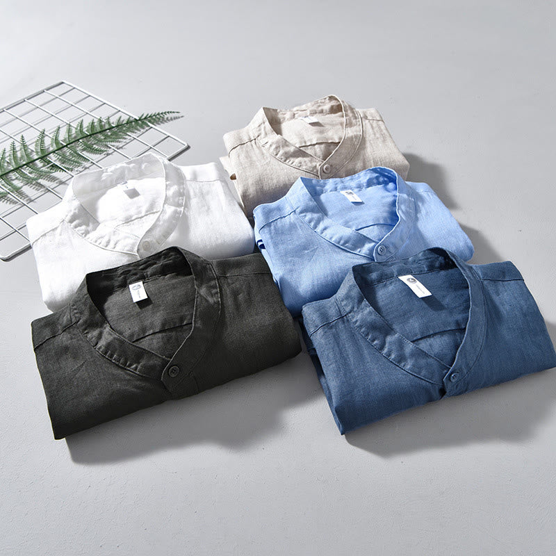 Buddha Stonesシンプル 秋 長袖 ボタンデザイン リネン メンズシャツ - image 1