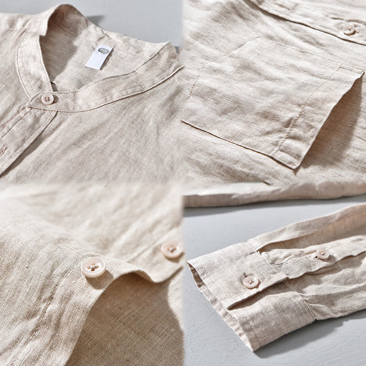 Buddha Stonesシンプル 秋 長袖 ボタンデザイン リネン メンズシャツ - image 7