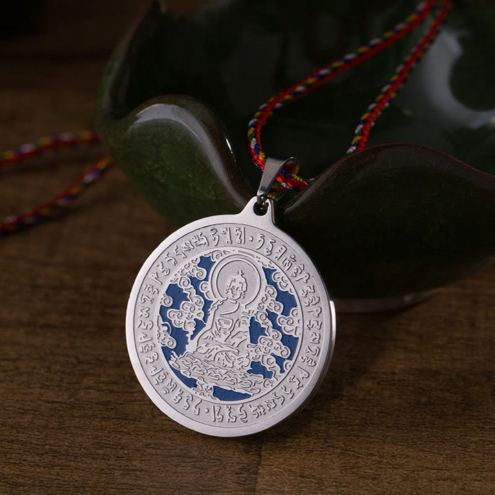 Buddha Stonesブルーメディスンブッダ ハートマントラ チタン鋼 信仰カラーロープネックレスペンダント - 銀色の - image 6