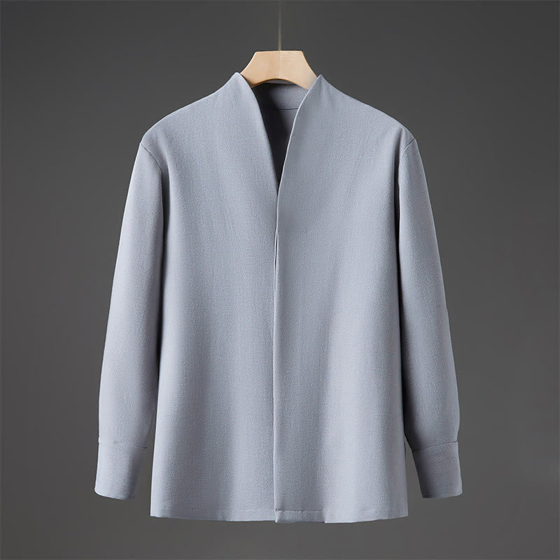 Buddha Stones無地 秋 長袖 隠しハーフボタンデザイン メンズシャツ - ライトブルー - US/UK/AU46、 EU56 (5XL) - image 13