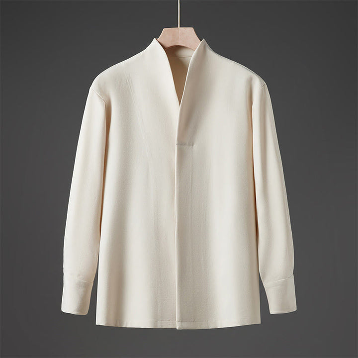 Buddha Stones無地 秋 長袖 隠しハーフボタンデザイン メンズシャツ - ベージュ - US/UK/AU46、 EU56 (5XL) - image 0