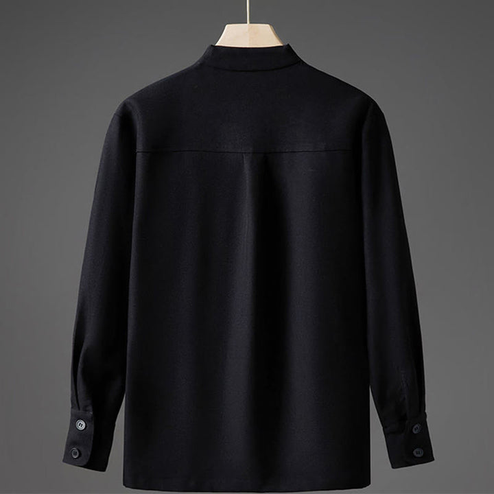 Buddha Stones無地 秋 長袖 隠しハーフボタンデザイン メンズシャツ - image 9