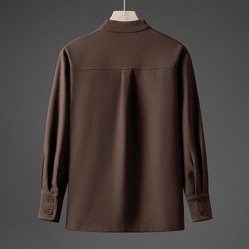 Buddha Stones無地 秋 長袖 隠しハーフボタンデザイン メンズシャツ - image 16