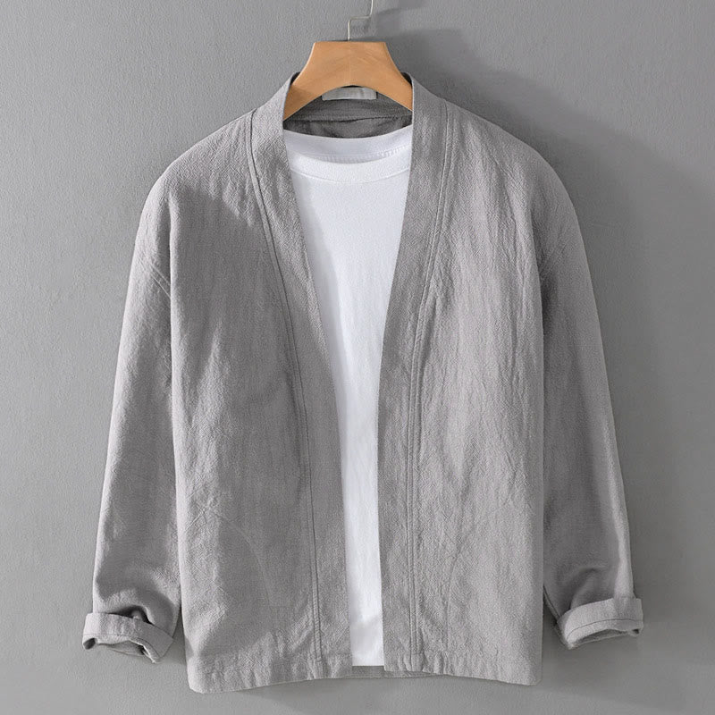Buddha Stonesシンプル 長袖 オープンフロント ラミーコットン メンズ シャツ ポケット付き - ライトグレー - US/UK/AU42、 EU52 (3XL) - image 0
