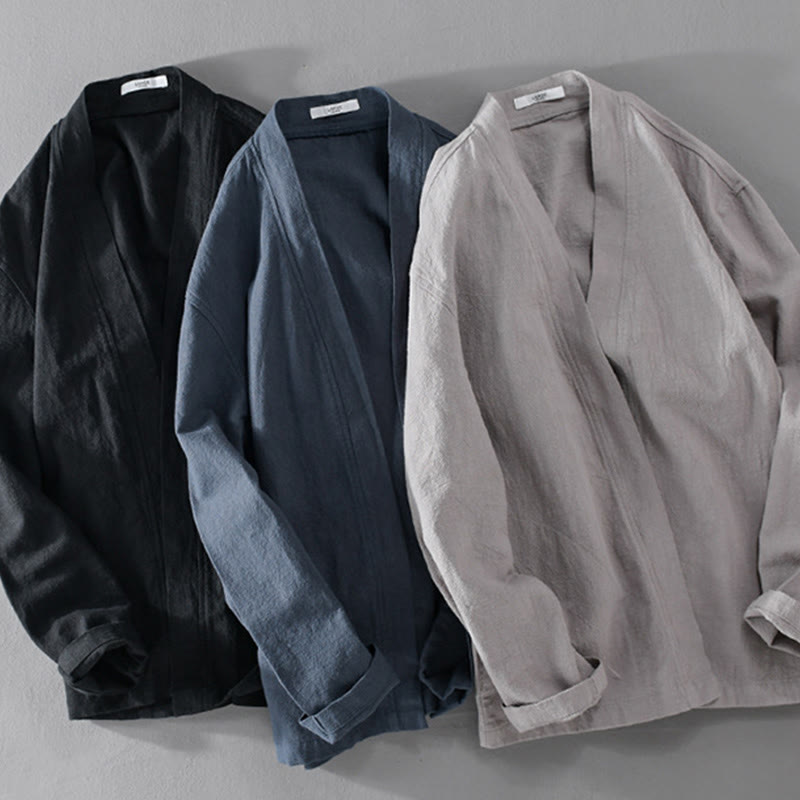 Buddha Stonesシンプル 長袖 オープンフロント ラミーコットン メンズ シャツ ポケット付き - image 27