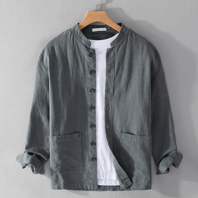 Buddha Stones無地 長袖 ボタンダウン ラミーコットン メンズ シャツ ポケット付き - グレー - US/UK/AU42、 EU52 (3XL) - image 0