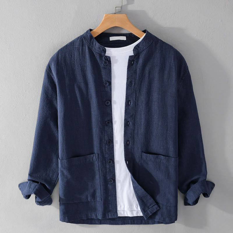Buddha Stones無地 長袖 ボタンダウン ラミーコットン メンズ シャツ ポケット付き - スティールブルー - US/UK/AU42、 EU52 (3XL) - image 19