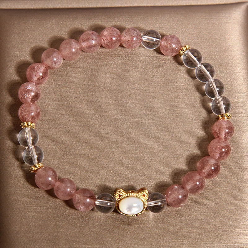 Buddha Stones猫天然ストロベリークォーツホワイトクリスタルビーズヒーリングブレスレット - image 2
