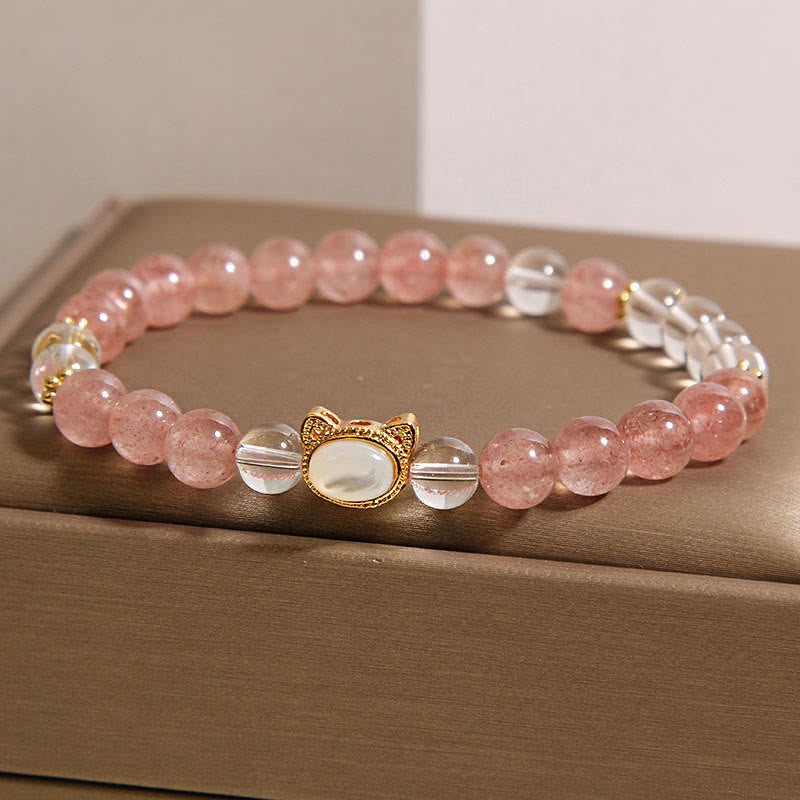 Buddha Stones猫天然ストロベリークォーツホワイトクリスタルビーズヒーリングブレスレット - image 1