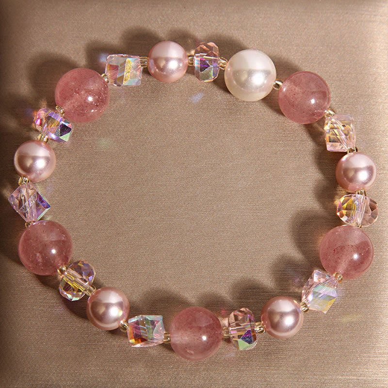 Buddha Stones天然ストロベリークォーツ ホワイトクリスタルパール幸運を呼ぶブレスレット - image 4