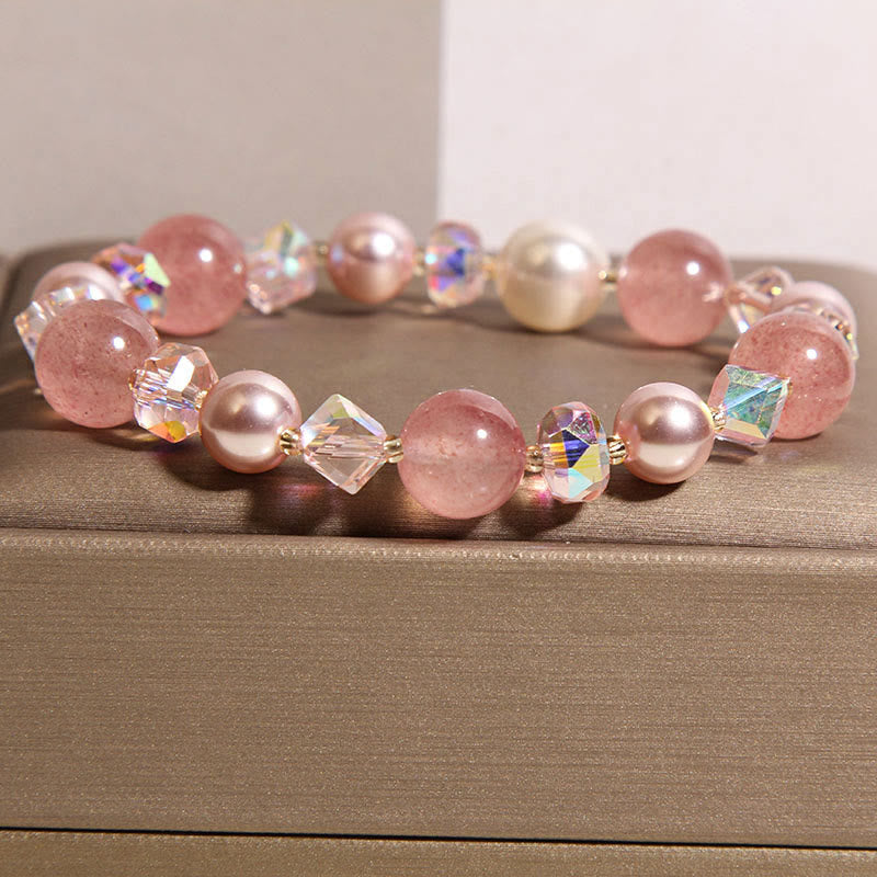 Buddha Stones天然ストロベリークォーツ ホワイトクリスタルパール幸運を呼ぶブレスレット - image 3