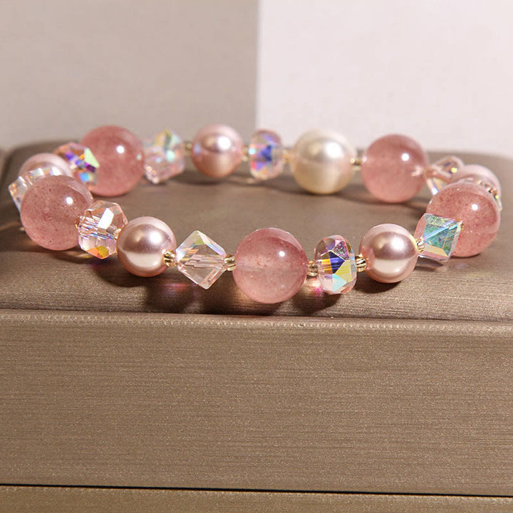 Buddha Stones天然ストロベリークォーツ ホワイトクリスタルパール幸運を呼ぶブレスレット - image 3