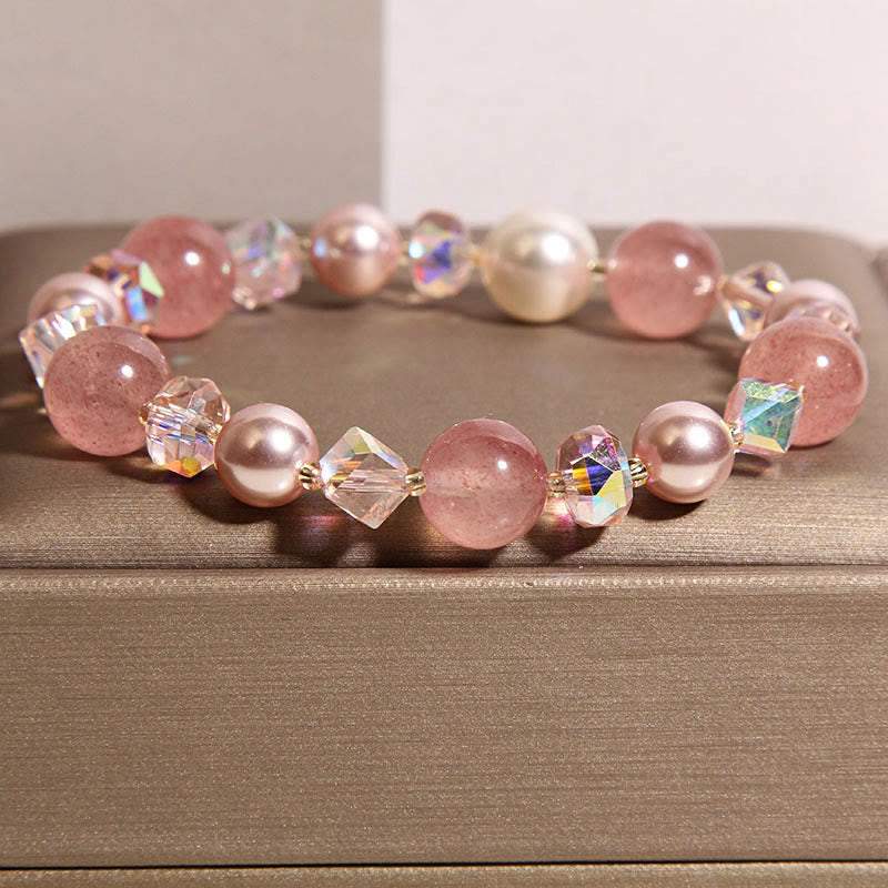 Buddha Stones天然ストロベリークォーツ ホワイトクリスタルパール幸運を呼ぶブレスレット - image 1