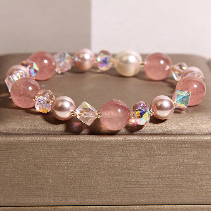 Buddha Stones天然ストロベリークォーツ ホワイトクリスタルパール幸運を呼ぶブレスレット - image 1