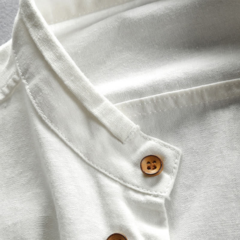 Buddha Stonesメンズ スリムフィットデザイン スタンドカラー クルーネック 長袖 コットンリネンシャツ - image 6