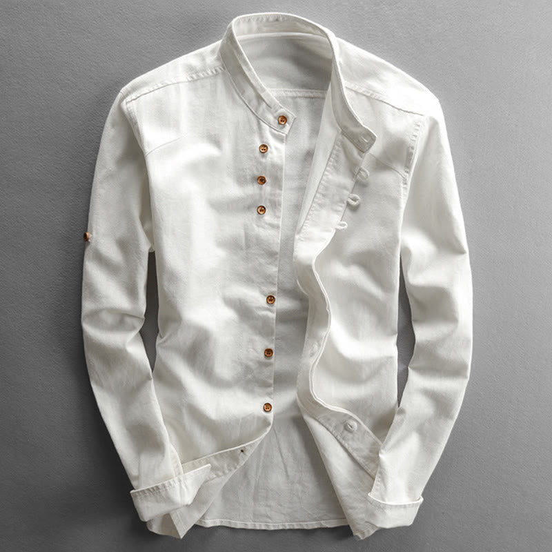 Buddha Stonesメンズ スリムフィットデザイン スタンドカラー クルーネック 長袖 コットンリネンシャツ - 白 - US/UK/AU48、EU58（7XL） - image 3
