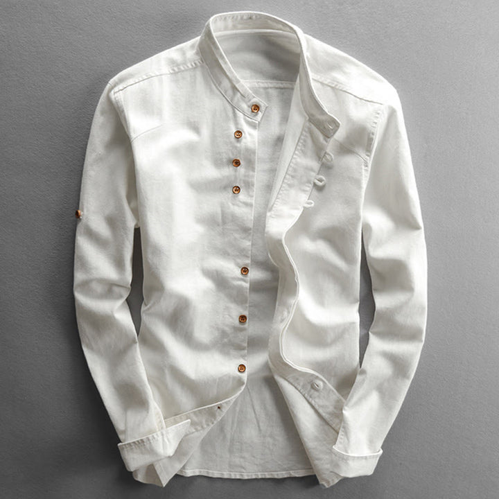 Buddha Stonesメンズ スリムフィットデザイン スタンドカラー クルーネック 長袖 コットンリネンシャツ - 白 - US/UK/AU48、EU58（7XL） - image 3