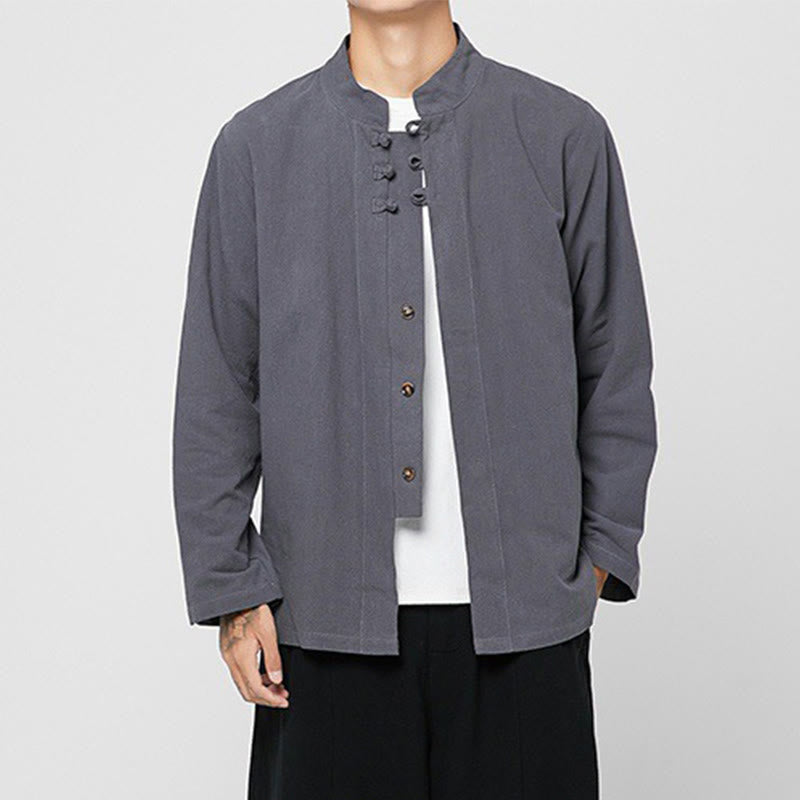Buddha Stones中国風 カエルボタン サイドスリット メンズ 長袖 コットン 唐装シャツ - image 4