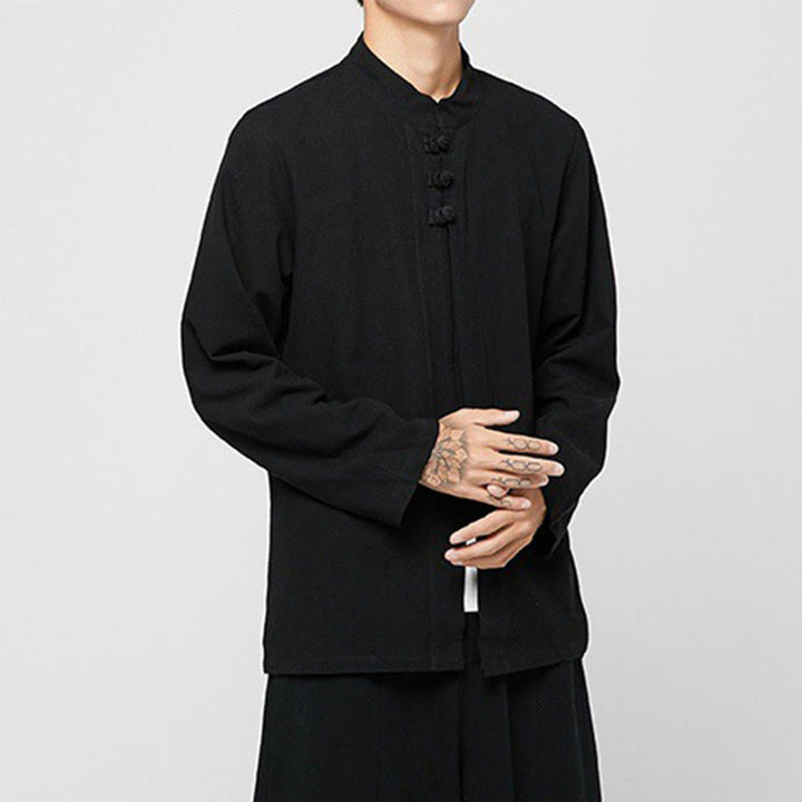 Buddha Stones中国風 カエルボタン サイドスリット メンズ 長袖 コットン 唐装シャツ - image 11