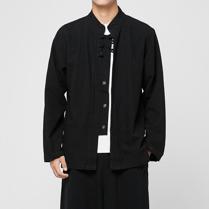 Buddha Stones中国風 カエルボタン サイドスリット メンズ 長袖 コットン 唐装シャツ - 黒 - US/UK/AU46、 EU56 (5XL) - image 7