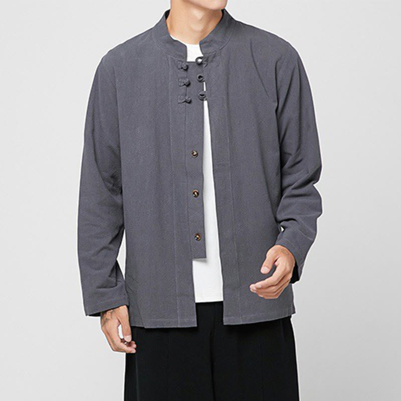 Buddha Stones中国風 カエルボタン サイドスリット メンズ 長袖 コットン 唐装シャツ - image 5