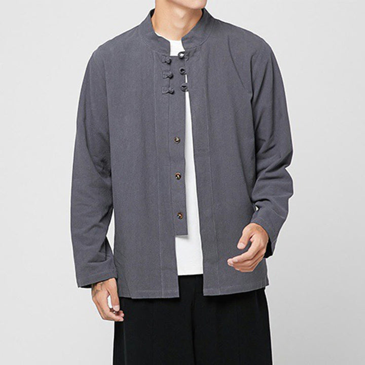 Buddha Stones中国風 カエルボタン サイドスリット メンズ 長袖 コットン 唐装シャツ - image 5