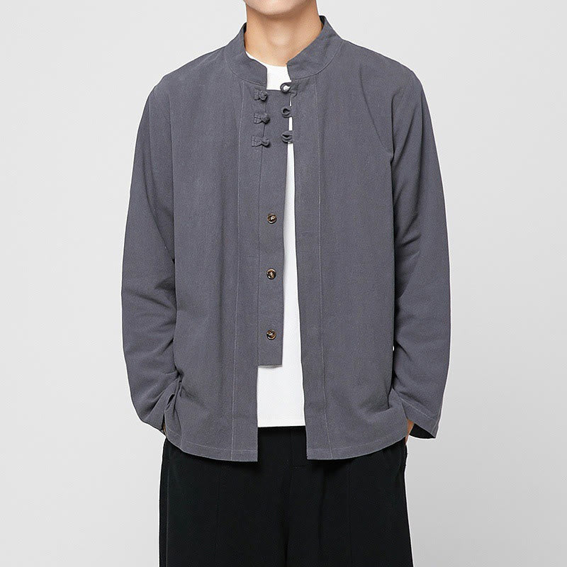 Buddha Stones中国風 カエルボタン サイドスリット メンズ 長袖 コットン 唐装シャツ - ライトスレートグレー - US/UK/AU46、 EU56 (5XL) - image 0