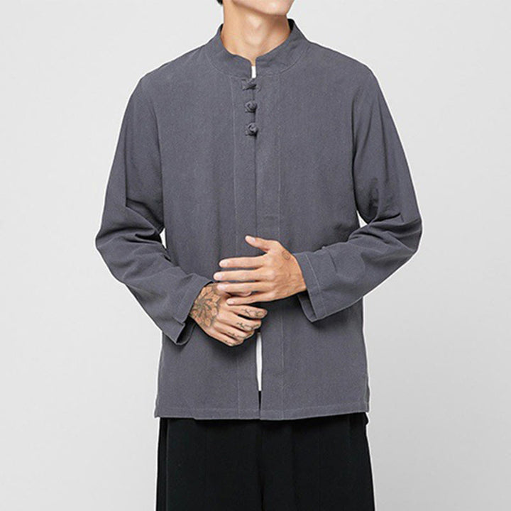 Buddha Stones中国風 カエルボタン サイドスリット メンズ 長袖 コットン 唐装シャツ - image 3