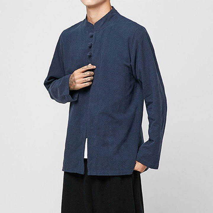 Buddha Stones中国風 カエルボタン サイドスリット メンズ 長袖 コットン 唐装シャツ - image 13