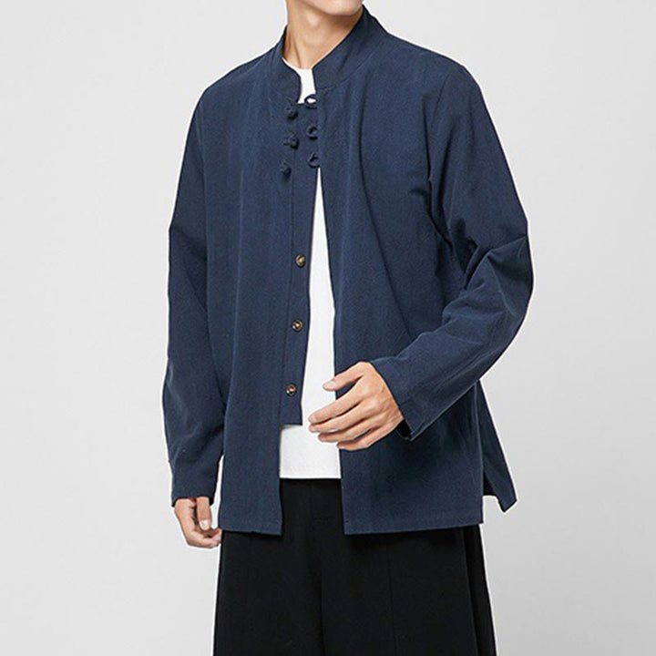 Buddha Stones中国風 カエルボタン サイドスリット メンズ 長袖 コットン 唐装シャツ - image 15