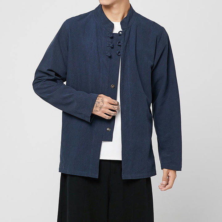 Buddha Stones中国風 カエルボタン サイドスリット メンズ 長袖 コットン 唐装シャツ - ダークブルー - US/UK/AU46、 EU56 (5XL) - image 12