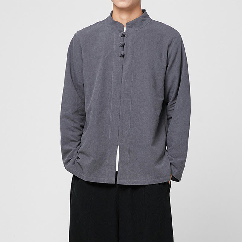 Buddha Stones中国風 カエルボタン サイドスリット メンズ 長袖 コットン 唐装シャツ - image 1