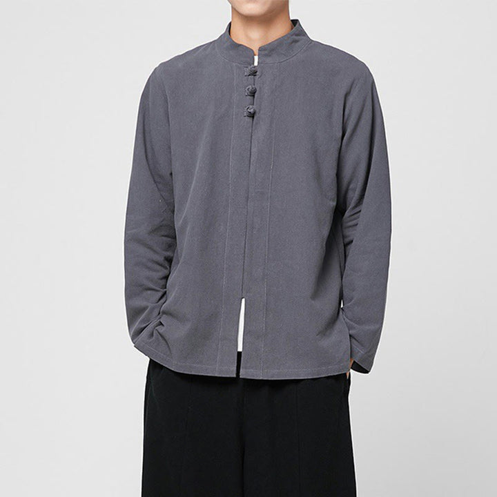 Buddha Stones中国風 カエルボタン サイドスリット メンズ 長袖 コットン 唐装シャツ - image 1