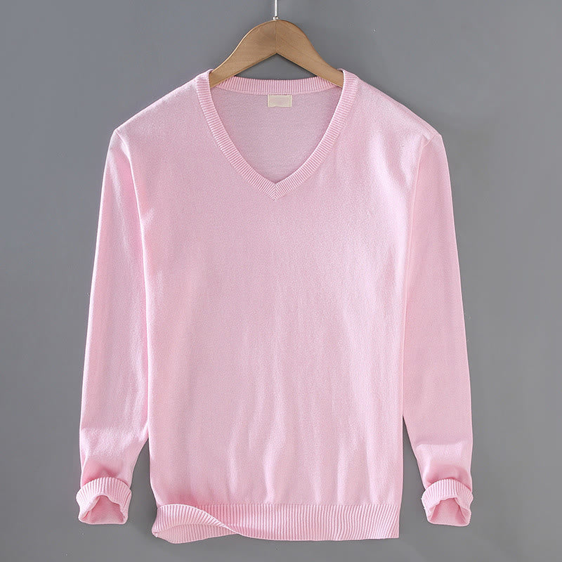 Buddha Stones無地 Vネック コットン シンプルデザイン メンズ 長袖セーター - ピンク - US/UK/AU42、 EU52 (3XL) - image 11