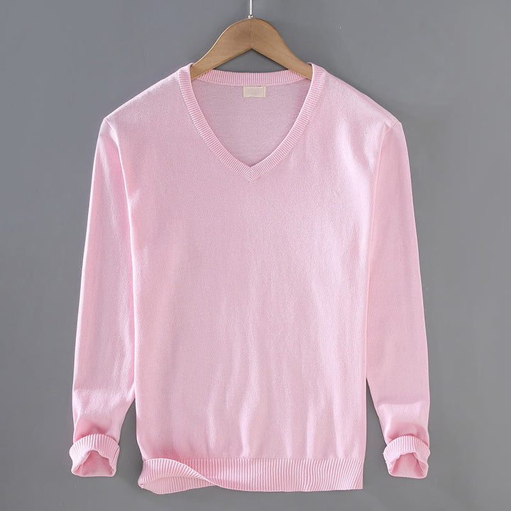 Buddha Stones無地 Vネック コットン シンプルデザイン メンズ 長袖セーター - ピンク - US/UK/AU42、 EU52 (3XL) - image 11