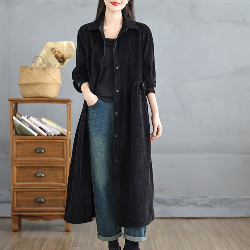 Buddha Stonesプレーンボタン 長袖 レディース コットンコーデュロイコート ポケット付き - 黒 - US12、 UK/AU16、 EU44 (2XL) - image 10