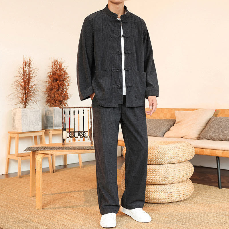 Buddha Stones 2点セット 無地 メンズ フロッグボタン 長袖シャツ パンツ コットン コーデュロイ セット ポケット付き - スレートグレー - US/UK/AU46、 EU56 (5XL) - image 9